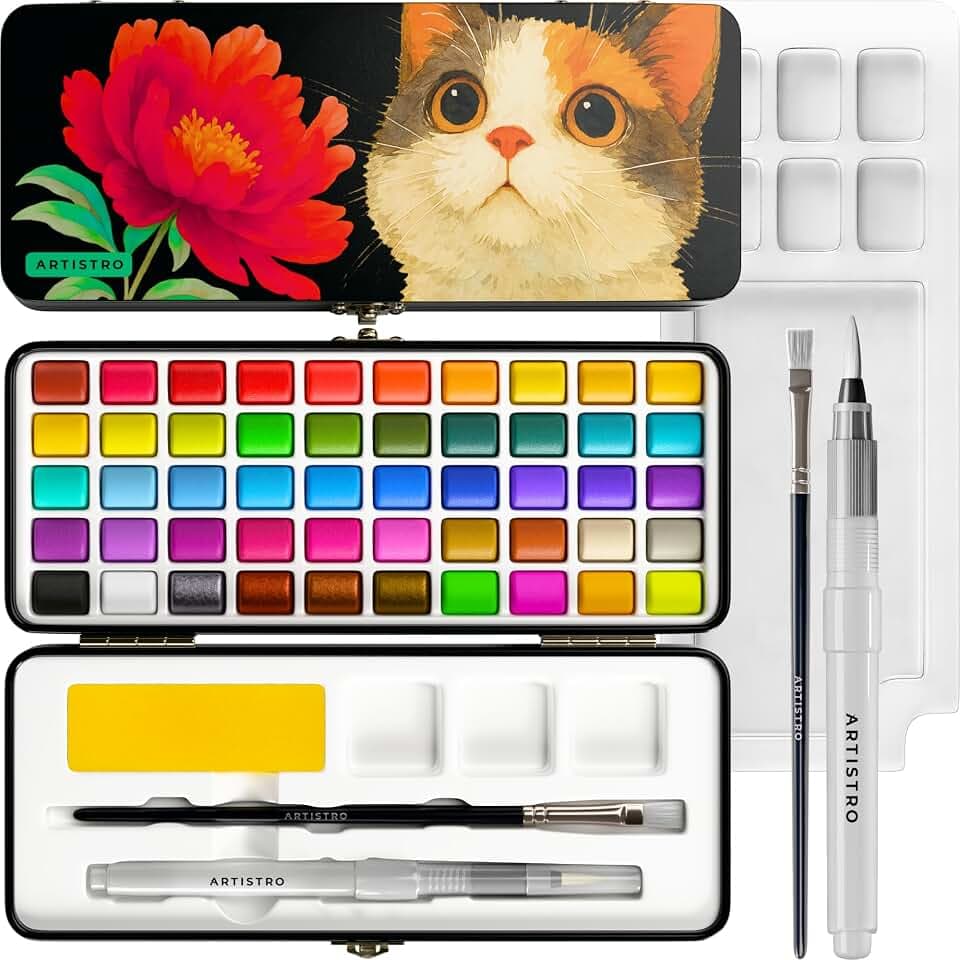 Artistro 50 Aquarellfarben Set – Leuchtende Farben in tragbarer Box, Set mit Mischpalette – Perfektes Reise-Aquarellfarben Set für Künstler, Hobbykünstler und Maler – Tolles Geschenk