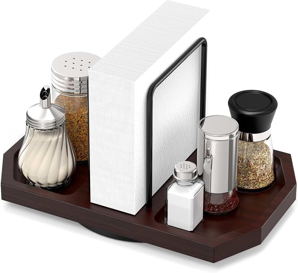Rotating Napkin Holder for Table with Salt Storage, Brown