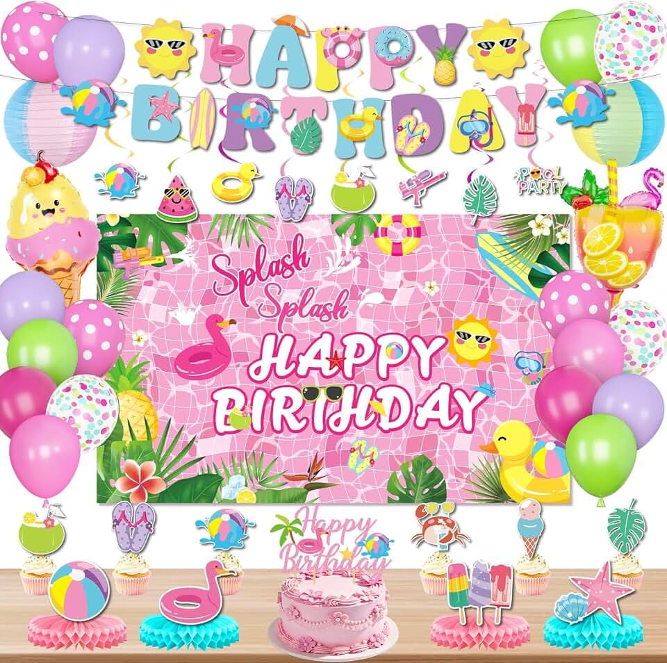 Summer Pool Beach Birthday Party Decorations with Splash Summer Backdrop