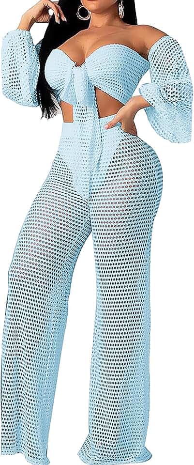sexycherry Swimsuit Coverup for Women Off Shoulder Top & Mesh Long Pants