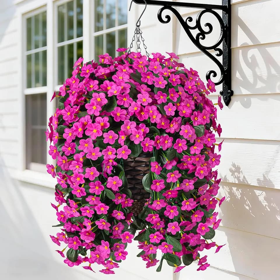 HyeFlora Artificial Fake Hanging Flowers Plants Baskets for Outdoor Spring Decoration, Faux Silk Fuchsia Daisy Mums Trailing Orchid UV Resistant for Home Outside Porch Garden Yard Patio Decor