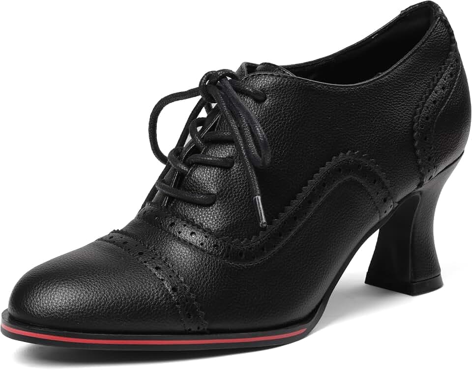 Women's Black Oxfords Dress Wingtip Vintage Comfortable Chunky High Heel Lace Up Brogues Booties