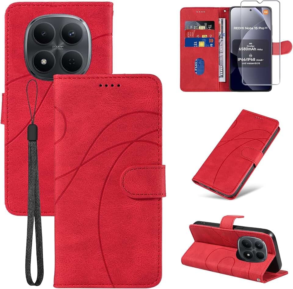 Handyhülle für Xiaomi Redmi Note 15 Pro 5G Hülle und 1 Stück Panzerglas Schutzfolie, Premium PU Leder Flip Case Magnet Kartenfach Standfunktion Schutzhülle für Xiaomi Redmi Note 15 Pro 5G - Rot