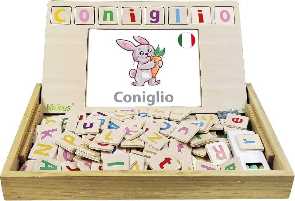 Lexibook, Bio Toys EDU100i5 Wortschule, zweisprachig Italienisch/Englisch, Holzspiel, 50 Wortkarten, Alphabet, Lernspiel