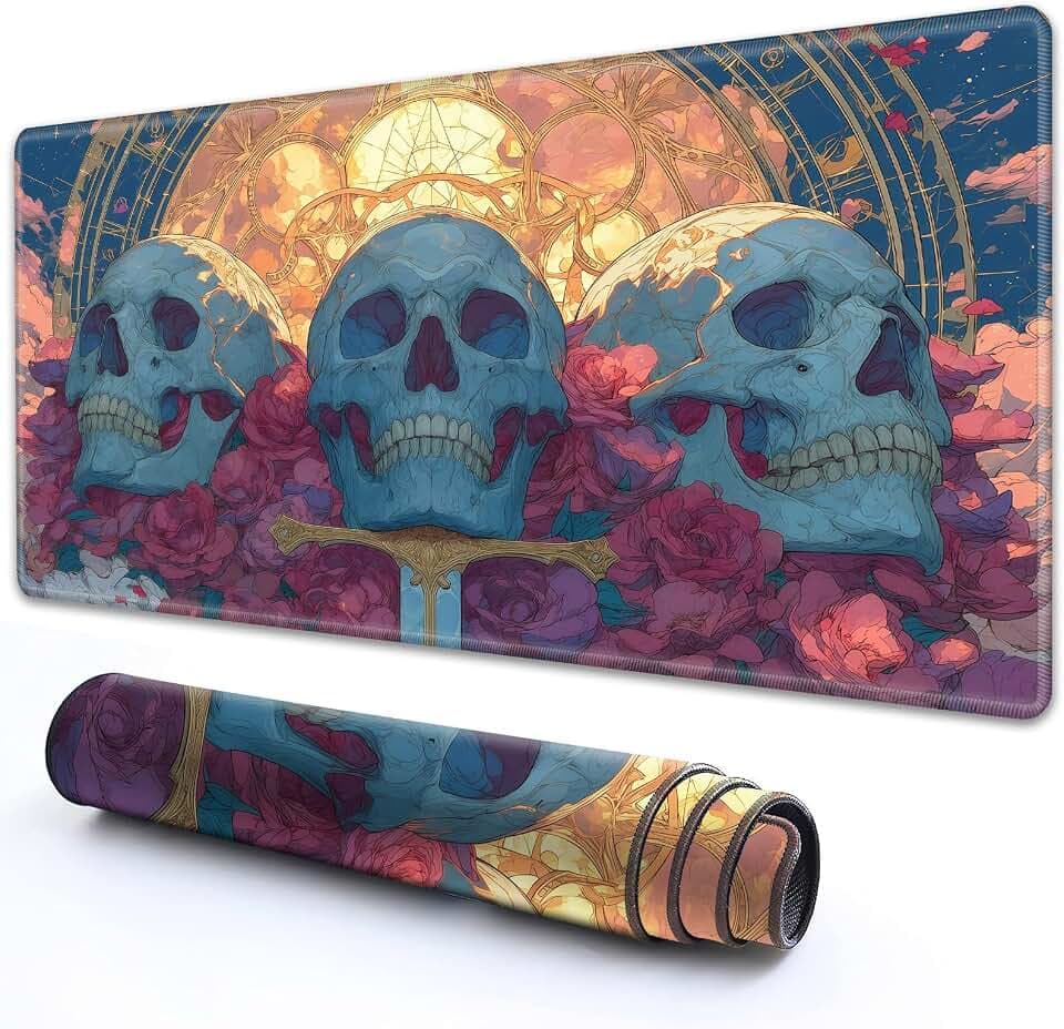 for MTG Playmat with Zones 24" x 14" with High Elastic Rubber Base Non-Slip Rubber Sole HD Printing for MTG Mat Magic Mat Card Playmat Mouse Pad, Pink Roses Dark Skulls