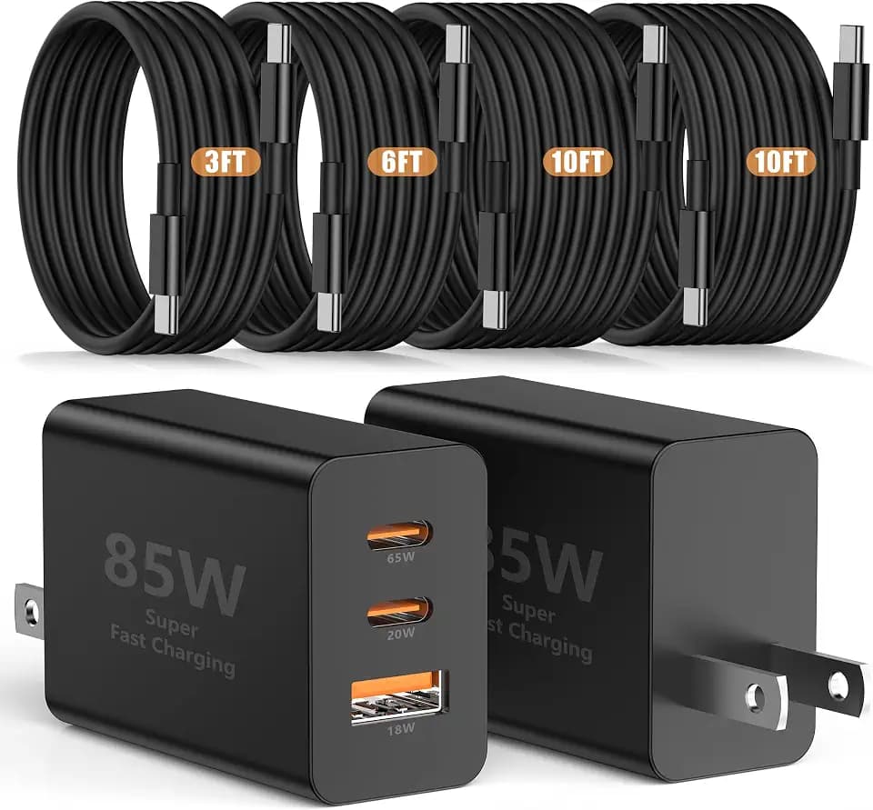 Susnwere 85W USB C Wall Charger for Samsung S26 Ultra,3 Port 100W PD Quick 3.0 Type C Charging with 3/6/10/10FT USB C Cable for Samsung Galaxy S26+/S25/S24/S23 Ultra/S22/S21/S20/Android Phones