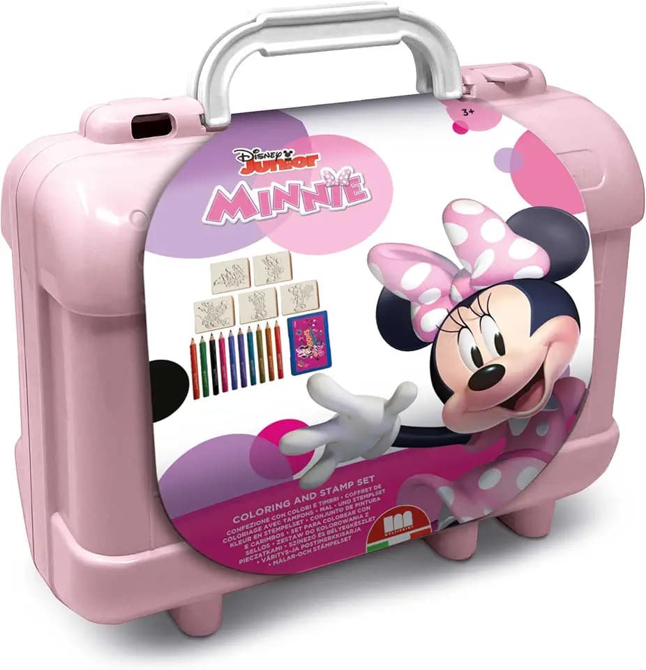 Multiprint - Travel Koffer Disney Minnie Maus, Made in Italy, Malalbum mit Puzzle und Bleistiften, Set Stempel für Kinder, aus Holz und Naturkautschuk, ungiftige Tinte, Geschenkidee