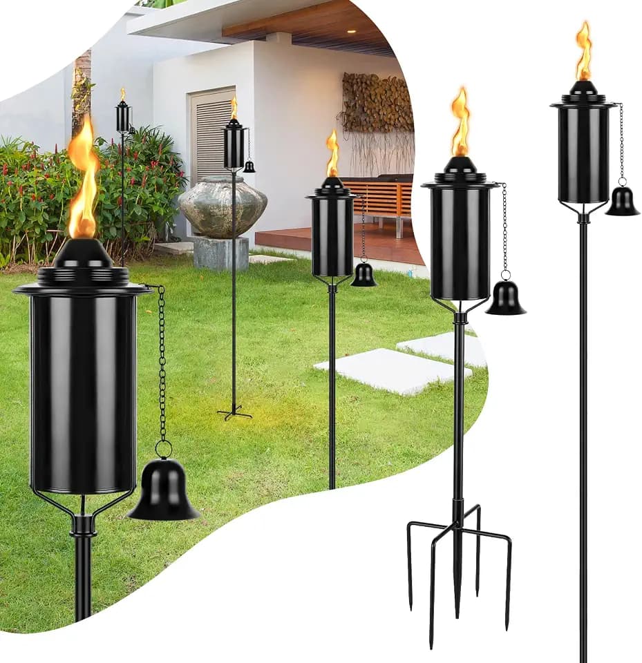 6 Pack Citronella Torches for Outside, 5-Prong Grounded Stake Outdoor Torches, 16 Oz Large Capacity Metal Garden Torches for Patio Yard Lawn Pathway Party Decor