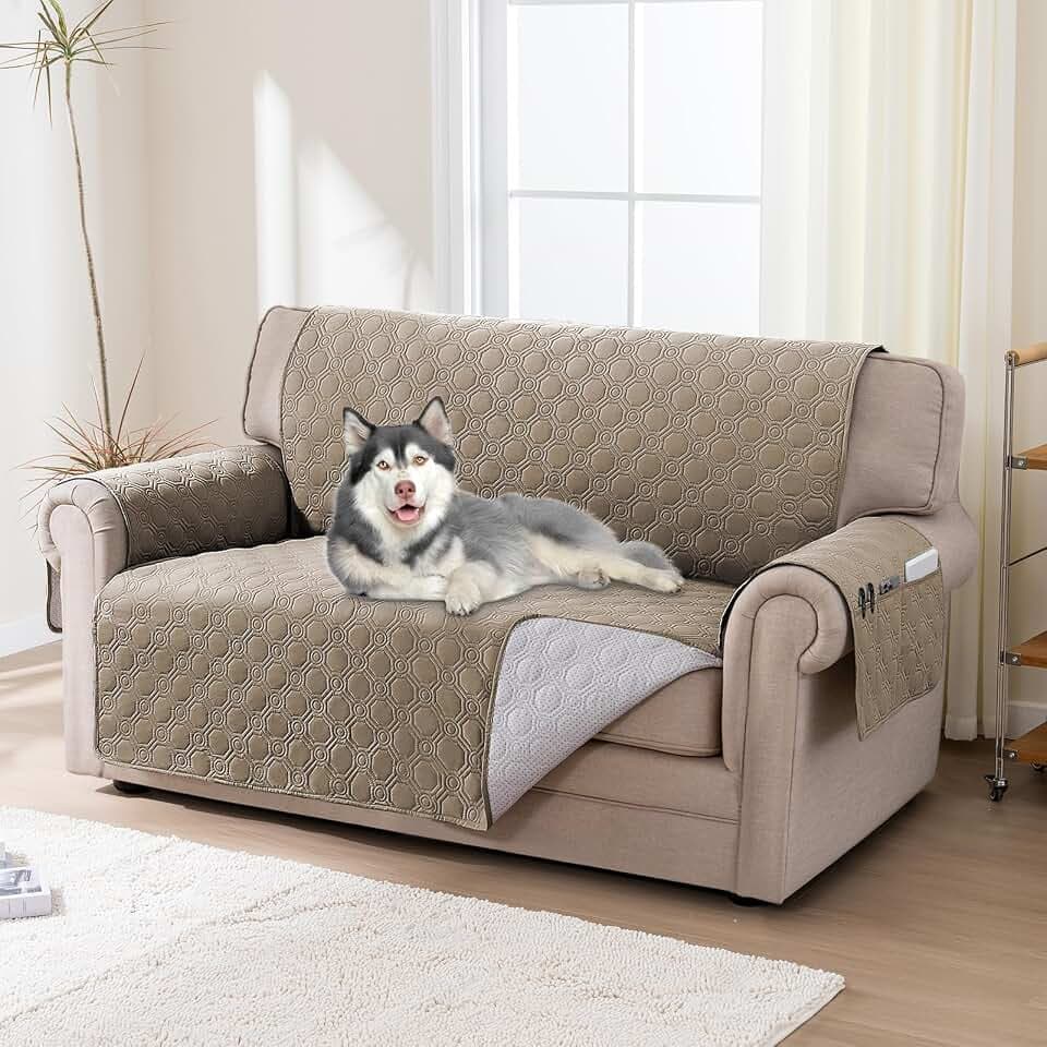 BellaHills Wasserdicht Sofaüberzug 2 Sitzer (51x120cm), Wendbarer Sesselschoner für Kinder Hunde Katze, Möbelschutz Couchbezug mit Gummiband, Taupe