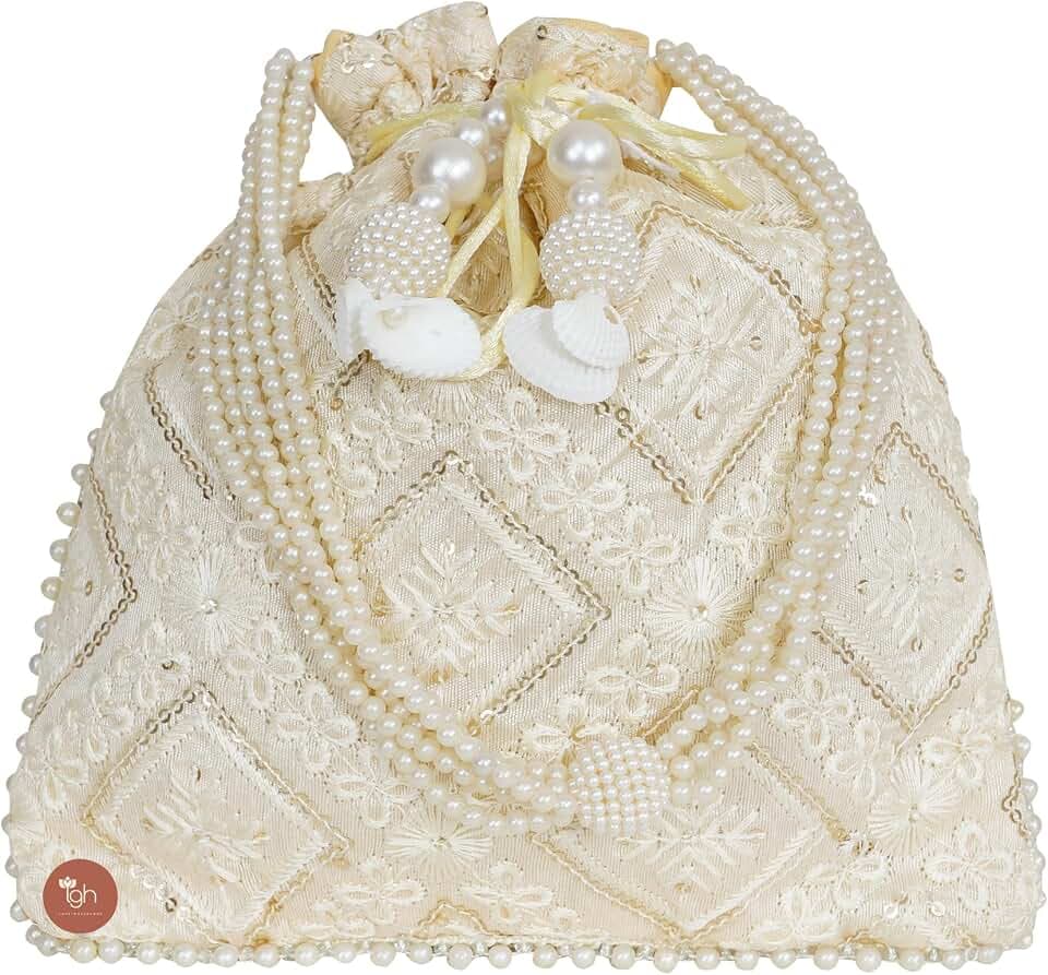 Assorted Chikankari Pattern Silk Potli with Moti Handle Royal Batwa Bag Bridal Purse Women clutch handbag