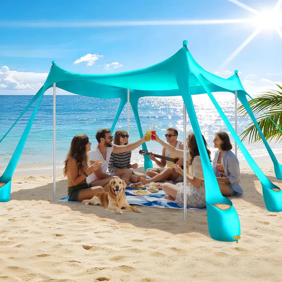 Beach Tent Sun Shelter UPF 50+,10x10 FT Beach Canopy Tent Sun Shade,Pop Up Beach Canopy with 8 Sandbags,Outdoor Beach Shade for Camping Trips, Fishing, Backyard Fun Picnics (Turquoise)