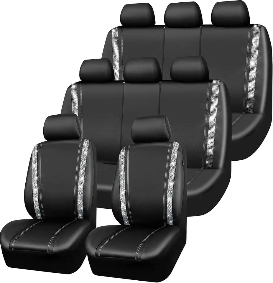 CAR PASS Bling Diamond Car Seat Covers, Shining Rhinestones Waterproof Faux Leather, 8 Seats 3 Rows with Zipper Glitter Crystal Sparkle Strips Universal Fit 95% MPV,SUV,CAR for Women Girl, Silver