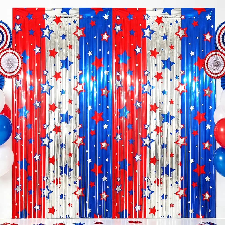 4th of July Foil Fringe Curtains, 2Pack Red White and Blue Decorations, 3.3X6.6Ft Star Tinsel Metallic Streamer Patriotic Party Photo Backdrop for Memorial Independence Day Election Labor Veterans Day