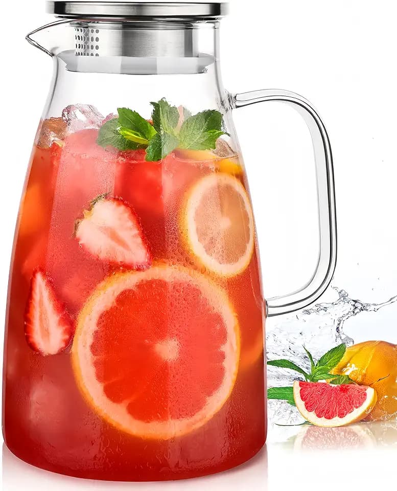 2 Liter 68oz Borosilicate Pitcher with Lid, Glass Jug with Handle and Spout