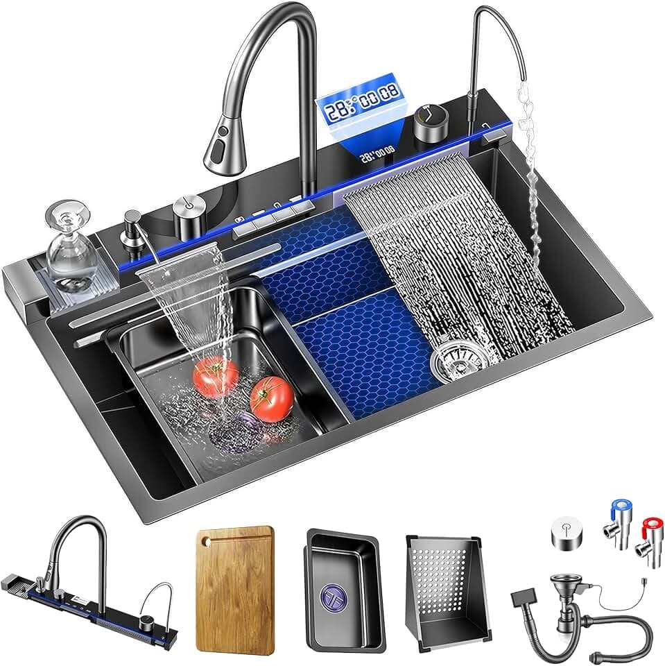 Smart Waterfall Kitchen Sink, 31.5"x17.7" Drop In Stainless Steel