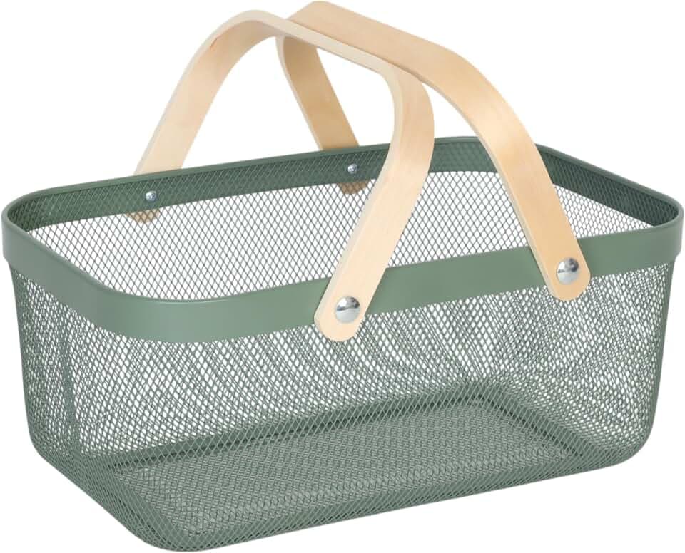 Relaxdays Drahtkorb mit Henkel, mint | eckig, Aufbewahrungskorb Metall & Holz, Utensilienkorb Küche, Bad, Wohnzimmer