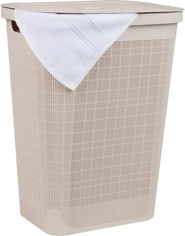 Mind Reader 60L Slim Laundry Hamper, Clothes Basket, Lid, Linen Design, Plastic, Ivory