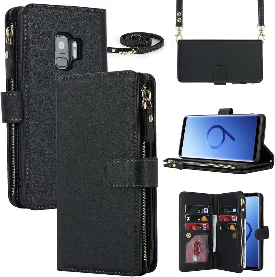 iCoverCase for Samsung Galaxy S9 Wallet Case with Card Holder for Women, Crossbody Lanyard Strap Kickstand PU Leather Case with Zipper Pocket Credit Card Slots Cover (Black)