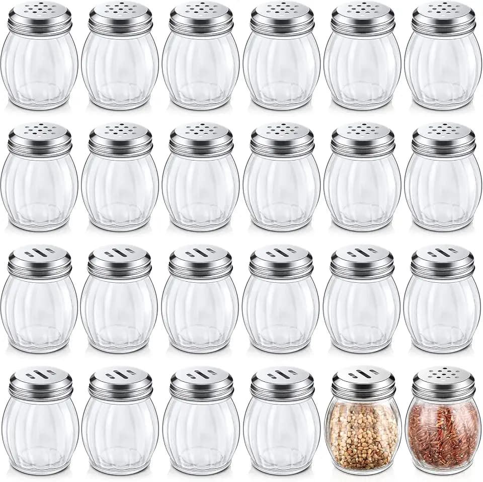 Hotop 36 Pcs Cheese Parmesan Shakers with Perforated Top, 6 oz Glass Spice Shaker with Slotted Stainless Steel Lid Retro Swirl Style Jar Dispenser for Pepper Sugar Home Kitchen Restaurant(Classic)