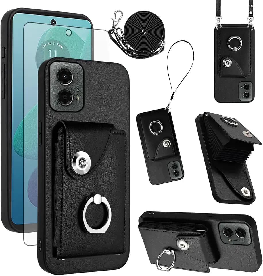 Asuwish Compatible with Motorola Moto G Power 5G 2024 Wallet Case and Tempered Glass Screen Protector Ring Holder Credit Card Slots Stand Cell Accessories Phone Cover for G5 Women Men Black