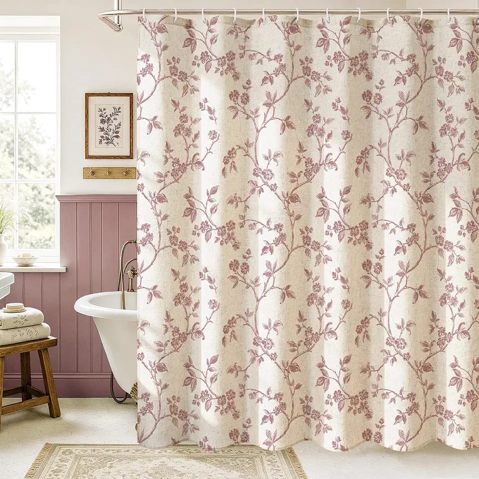 MitoVilla Pink Linen Floral Shower Curtain for Bathroom, 72 x 72