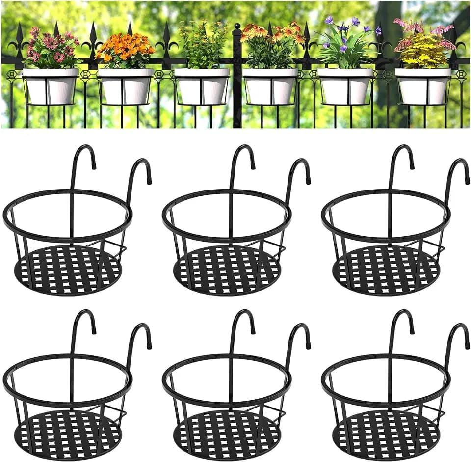 CADANI Iron Hanging Plant Holder Over The Rail Metal Fence Planters, Hanging Bucket Flower Pot Holder for Patio Balcony Outdoor Plants - Pack of 6 (Black)
