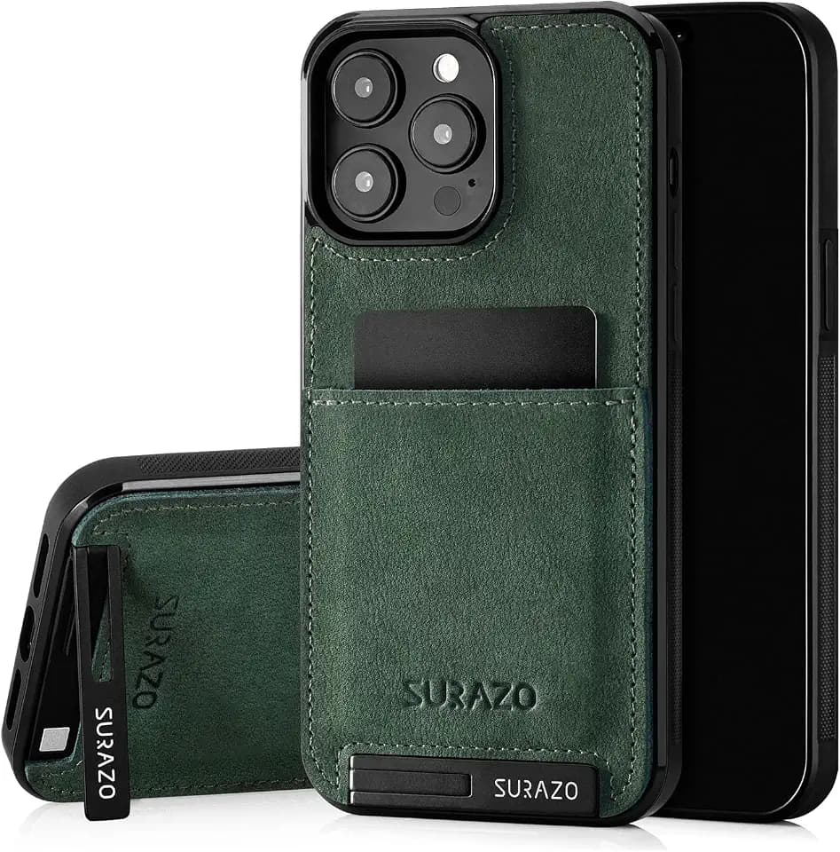 SURAZO Echtleder Back Case für Apple iPhone 15 Pro Hülle – Stoßfestes Leder Handyhülle Cover mit [ Kartenfach, Standfunktion, Schlüsselanhänger ] Vintage Slim Bumper Schutzhülle (Dunkelgrün)