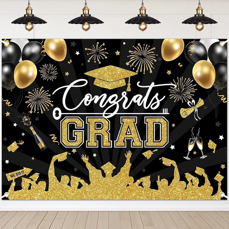 Avezano Graduation Backdrop Congrats Grad Graduation Party Decorations Class of 2026 Photoshoot Background Congratulate Grad Celebration Prom Party Banner Props (Gold, 8x6ft)