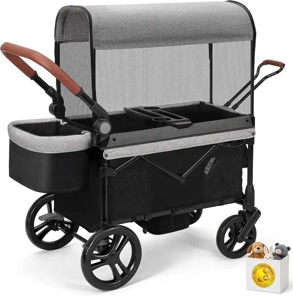 ELEMARA All-Terrain Stroller Wagon for 2 Kids, Foldable Kids Wagon Stroller Includes Removable Canopy,Mosquito net, Adjustable Push＆Pull Handle,Snack Tray & Cup Holders, Storage Basket, Grey+Black