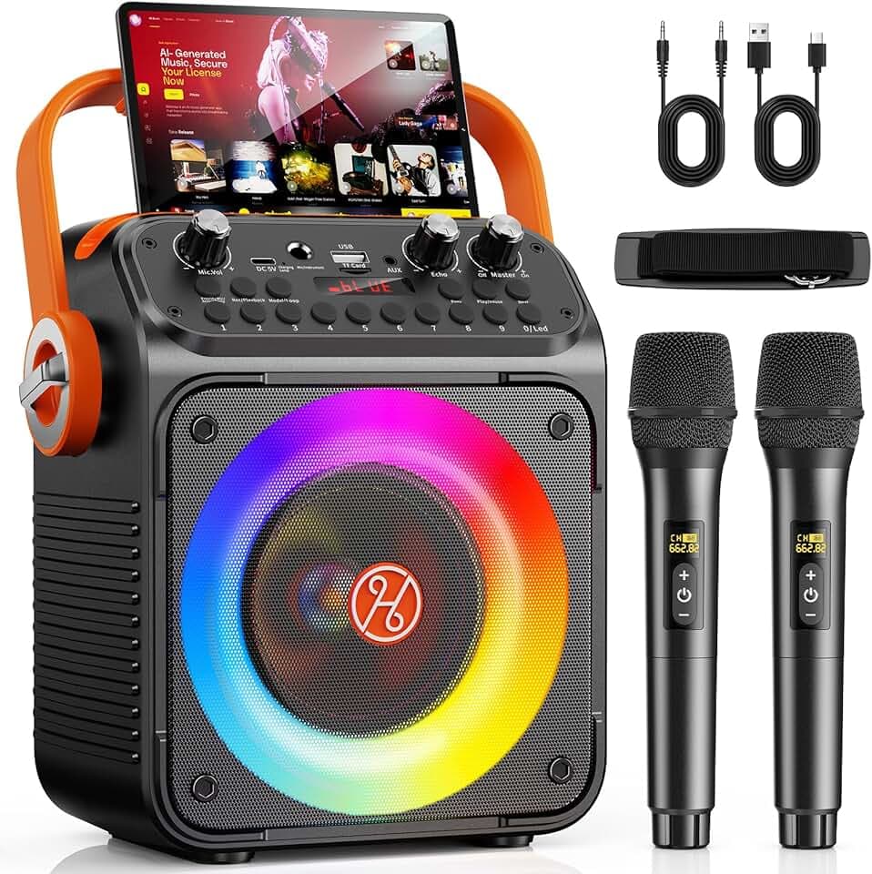HWWR Karaoke Anlage mit 2 Mikrofonen, Bluetooth Lautsprecher mit 6,5 Zoll Subwoofer, RGB-Lichteffekten, Tragbare Karaoke Box für Erwachsene & Kinder, Familienfeiern, Partys und Outdoor