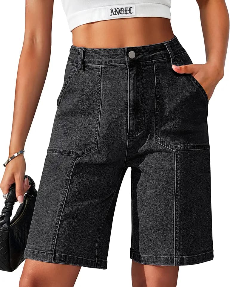 Eddoyee Bermuda Shorts for Women Long Knee Length Jean Shorts Denim Stretchy Cotton Jorts with Pockets Casual Relaxed Fit