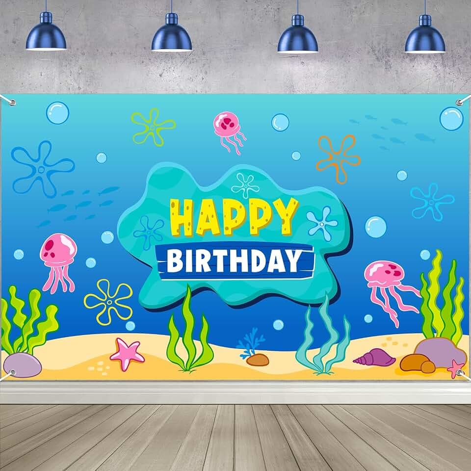 Under The Sea Happy Birthday Banner Backdrop Decoration, Ocean Photo Banner Background Ocean Jellyfish Seaweed Wall Décor for Birthday Baby Shower Party Photography Decorations, 73 x 43 Inch