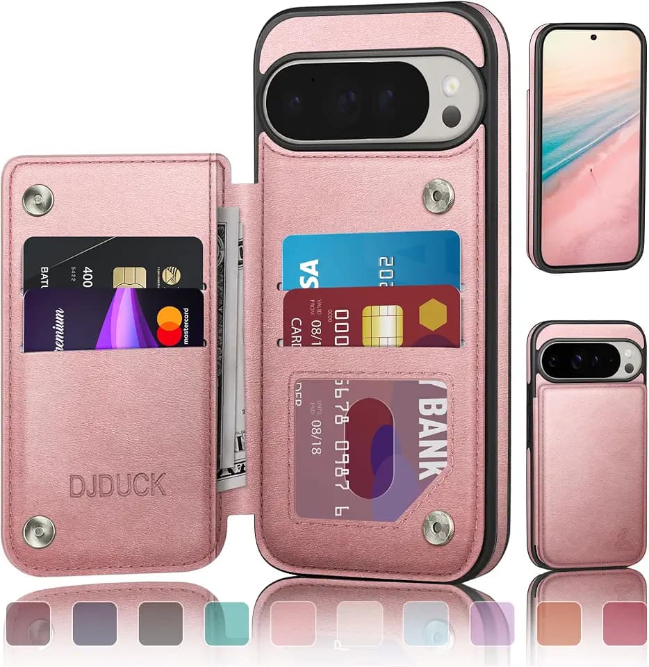 DJDUCK Designed for Google Pixel 9 Pro XL 5G 6.8" Case Wallet with Card Holder, [Magnetic Clasp Cover] [RFID Blocking Leather Protection] Shockproof Women Men Cases for Pixel 9 Pro XL Rose Gold
