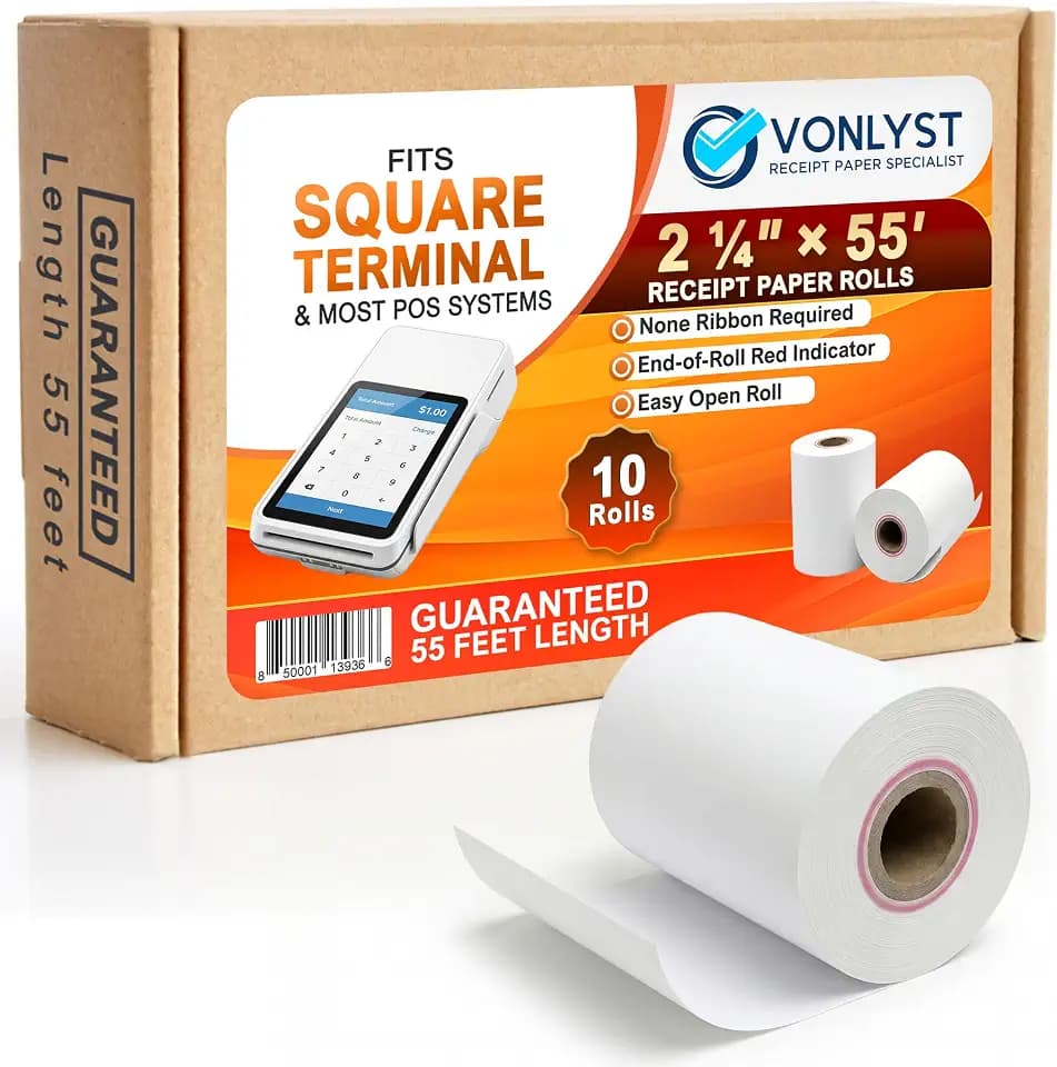 Square Terminal Paper Rolls 2 1/4" x 55' – Vonlyst BPA Free Thermal Receipt Paper for Square Credit Card Machine POS Printer, 10 Pack