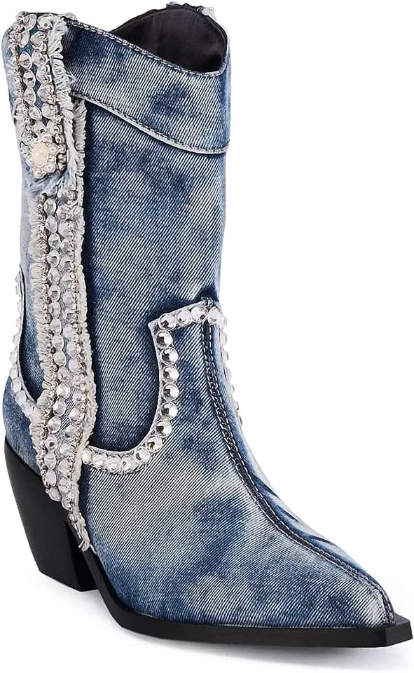 Women's Denim Sparkle Rhinestone Chunky Wide Calf Cowboy Boots