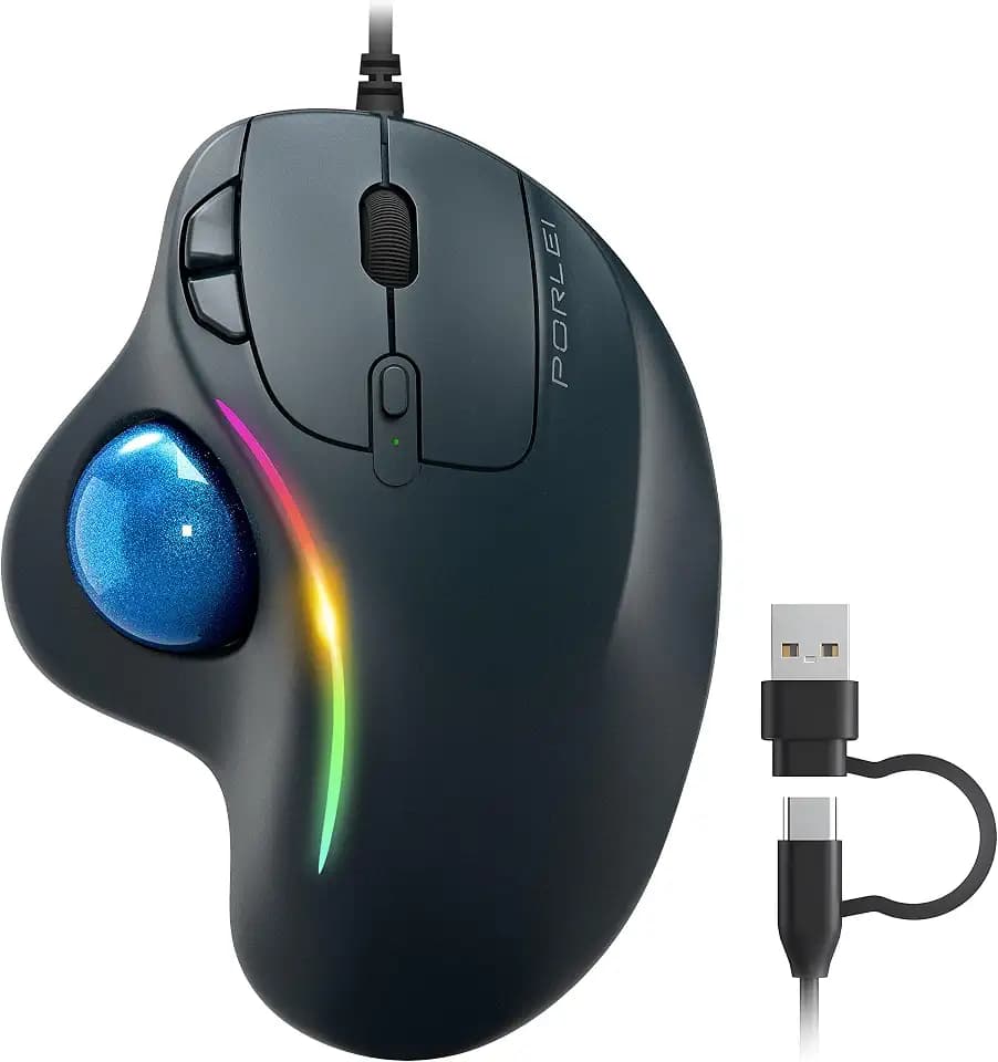 Wired Ergonomic Trackball Mouse, 34mm Thumb Control, RGB Lighting