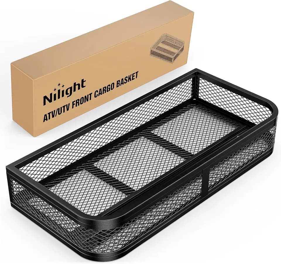 Nilight ATV Front Cargo Basket, 17" W x 36" L x 6.3" H Racks and Baskets with Steel Mesh Frame, Heavy Duty ATV Storage Cargo Box Attachments for Luggage Carrier