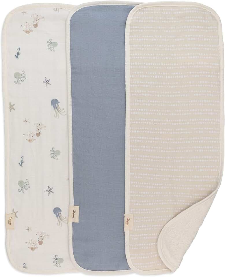 Crane Baby Muslin Baby Burp Cloths, Lightweight Absorbent Burp Cloth, Sea Life Jellyfish, Set of 3, 7” x 20”, Newborn Baby Essentials, Burp Cloths Baby Boy, Burp Cloths Baby Girl, Newborn Essentials