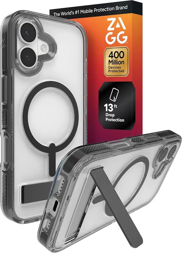 ZAGG Santa Cruz Snap Case with Kickstand for iPhone 17 - Jet Black, Drop Protection (13ft/4m), MagSafe Charging Compatible, ClearGuard Anti-Yellowing Technology, Scratch Resistant Phone Case