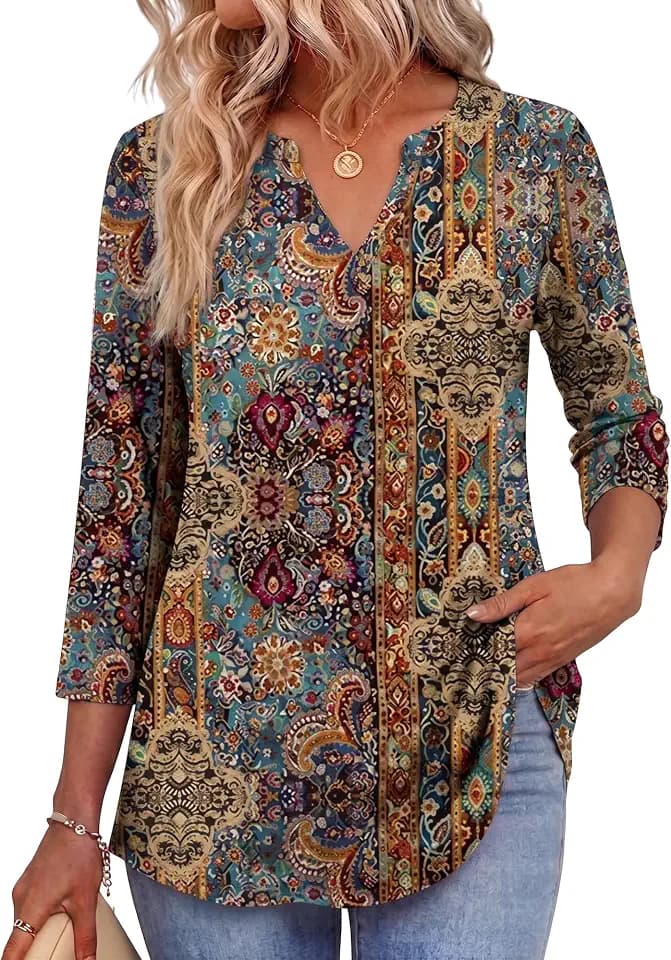 Zeagoo Womens 3/4 Length Sleeve Tops V Neck Tunic Dressy Casual Blouse