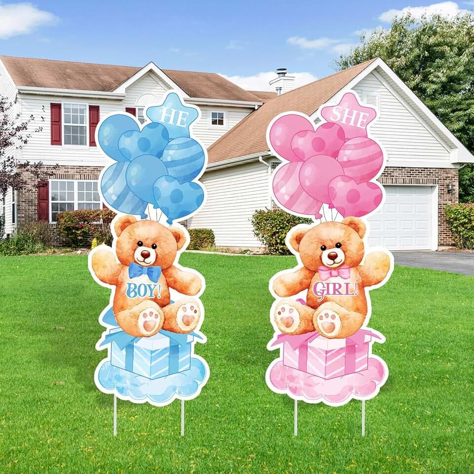 2 Sets Baby Shower Plastic Yard Sign with Stakes Gender Reveal Outdoor Decorations Blue Pink Boy or Girl Yard Sign He and She Bear Lawn Sign Newborn Welcome Sign for Gender Reveal Party Supplies