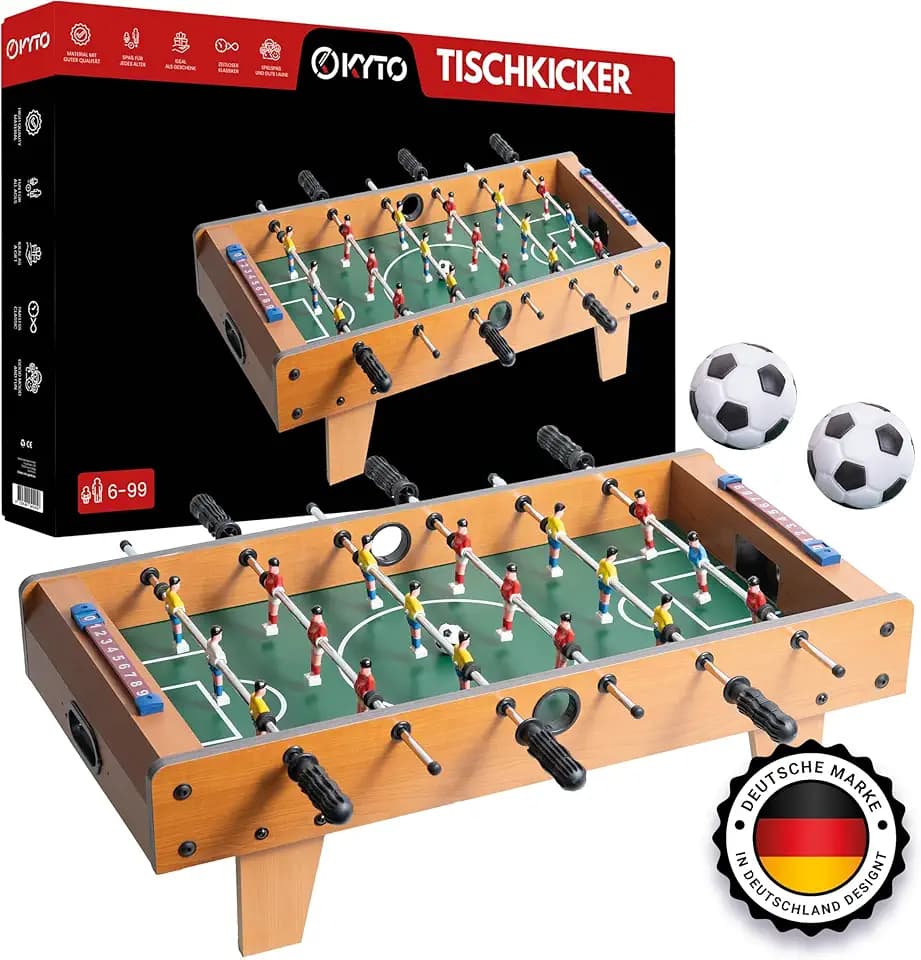 Kyto Kickertisch Kinder und Erwachsene, Tischfussball & Mini Tischkicker, 70x35x20cm oder 51x31x10 cm, aus Holz, Inkl. 2X Kicker Bälle