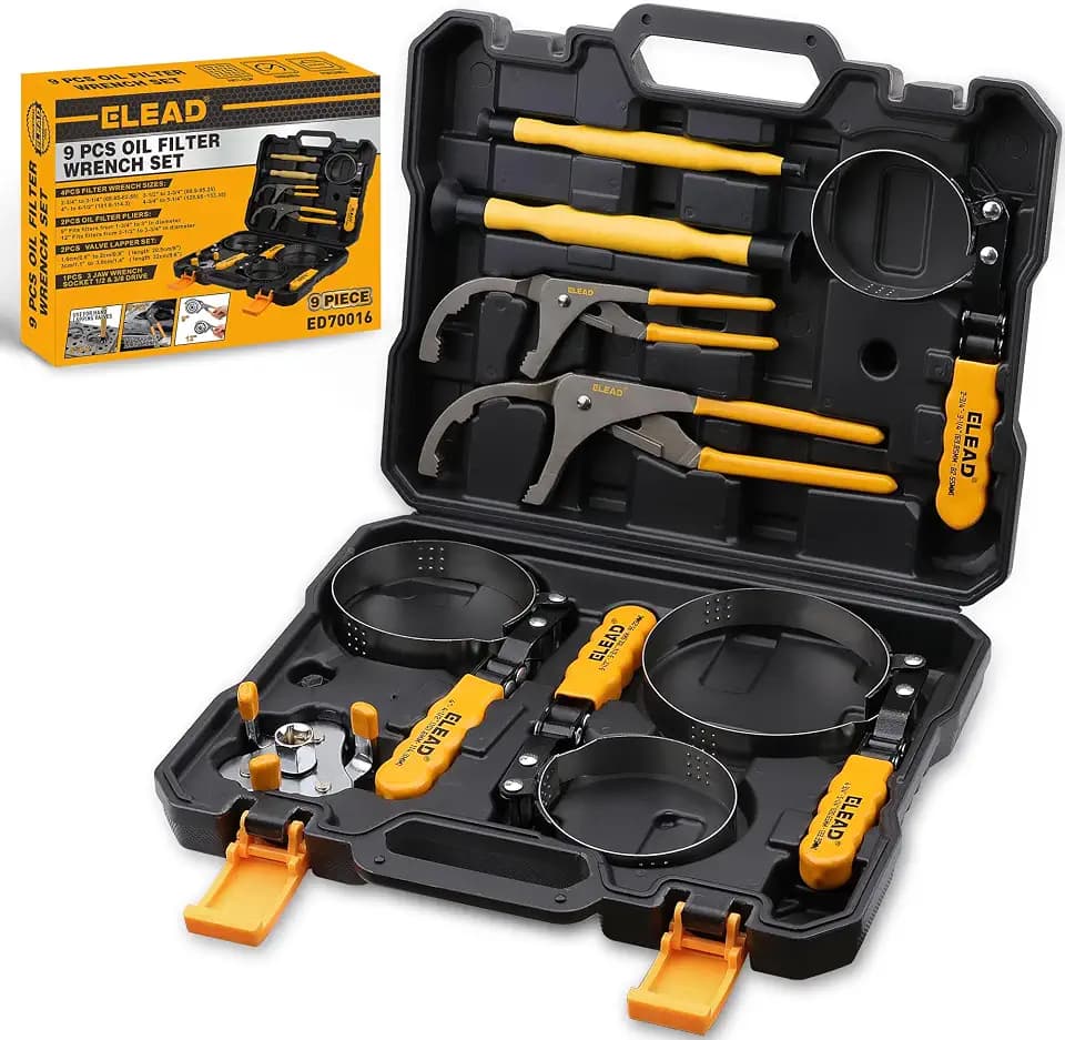 ELEAD 9-Piece Ultimate Oil Filter Wrench Set - Professional Oil Filter Removal Tool, Swivel Head Oil Filter Wrenches, Adjustable Oil Filter Remover Pliers, Universal Oil Filter Wrench and Valve Lapper