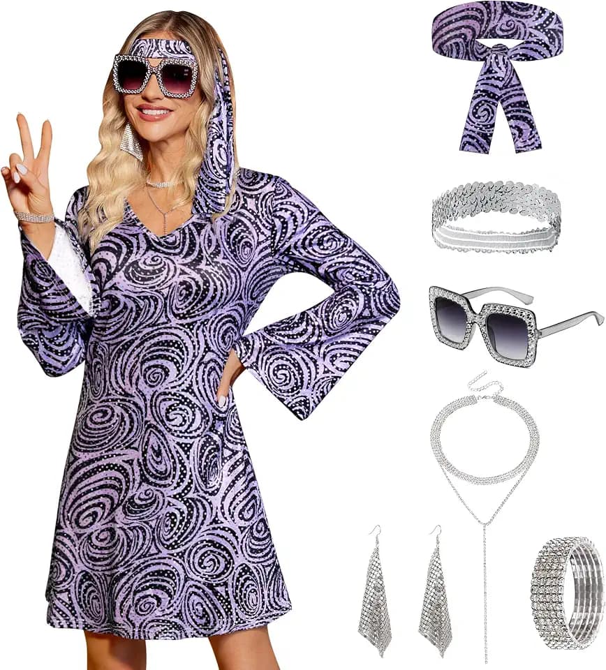 Women's Halloween 7 Pcs Disco Dress Sequin 70s Dance Costume Outfit