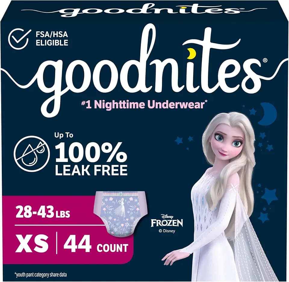 Goodnites Girls' Nighttime Bedwetting Underwear, Size Extra Small (28-43 lbs), 44 Ct (2 Packs of 22), Packaging May Vary