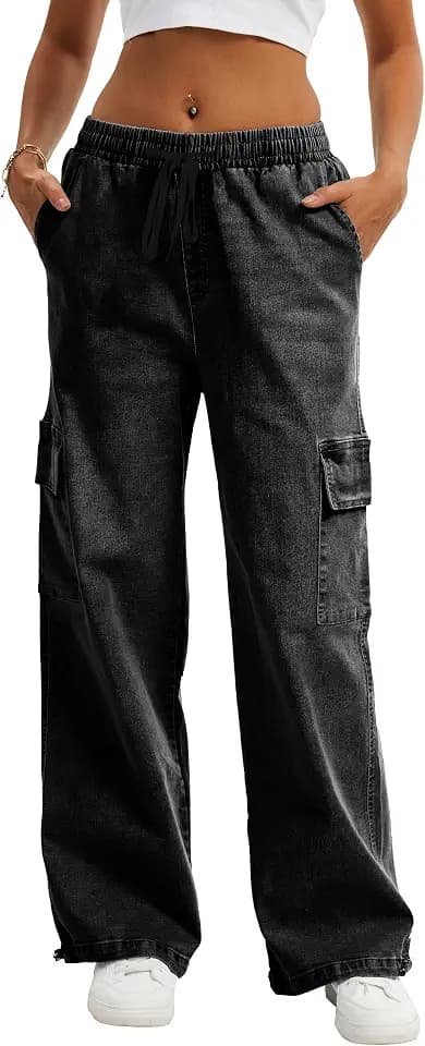 HVEPUO Womens High Waisted Cargo Pants Y2K Baggy Wide Leg Casual Stretchy Jeans for Women Streetwear Pull On Trousers Pants