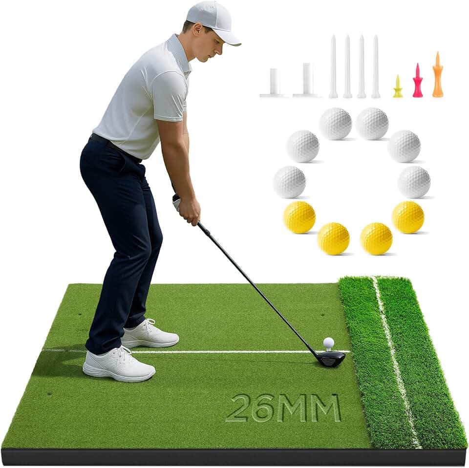 Golfguru Golf Mat, 5x4FT Dual Turf Hitting Mat with Alignment Aid