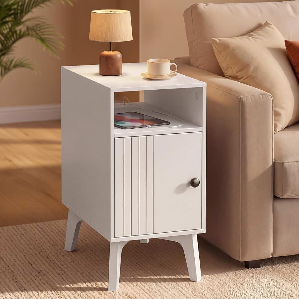 VASAGLE End Table with Charging Station, Narrow Side Table, Nightstand