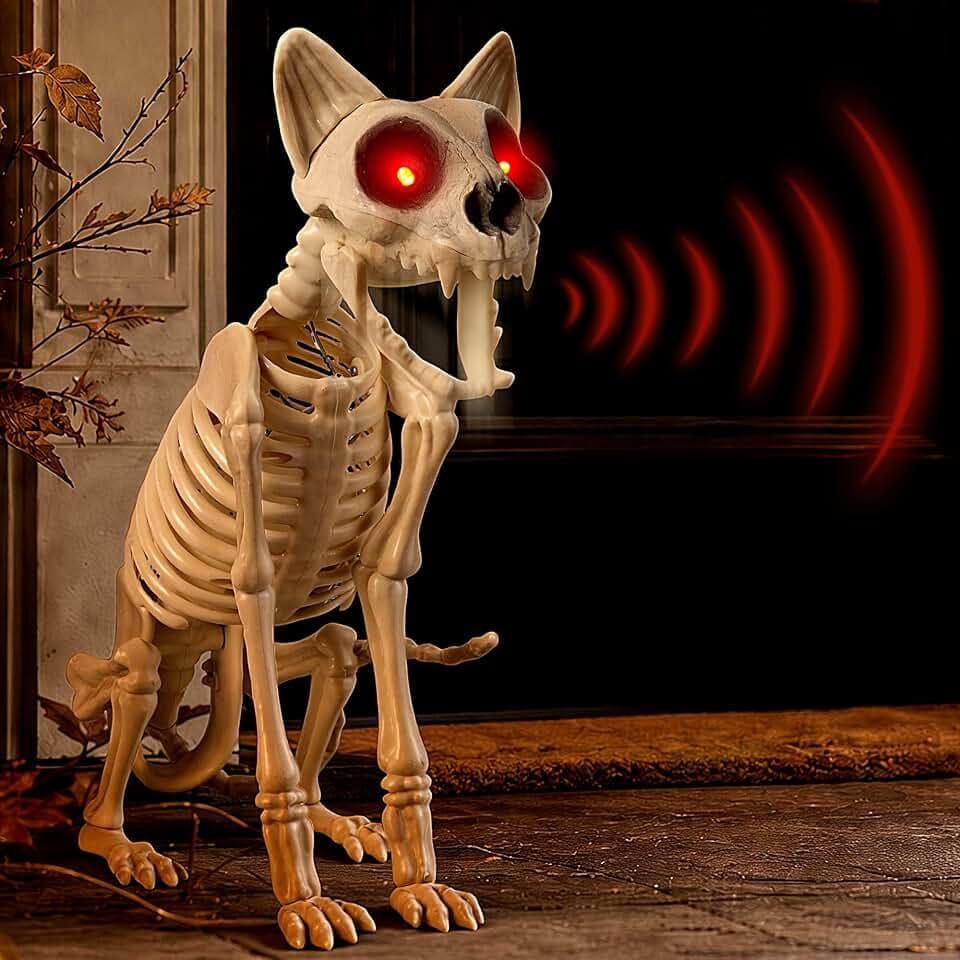 Halloween Animatronic Skeleton Cat 15 Inch, Sound & Touch Activated Halloween Decoration with Moving Jaw, Glowing Red Eyes and Spooky Sound, Animated Cat Prop for Haunted House, Yard, Porch Decor