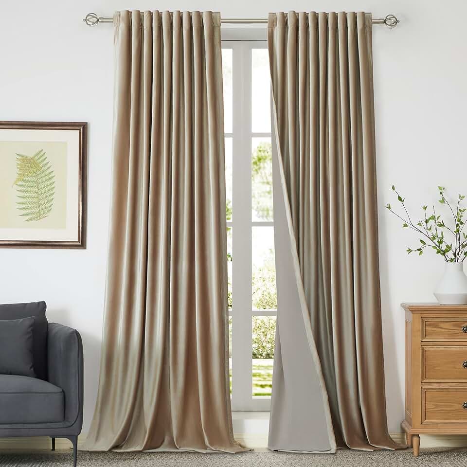 100% Full Blackout Champagne Beige Polyester Velvet Curtains 96 inch Long for Living Room,Set of 2 Liner Rod Pocket Back Tab Thermal Window Curtains Room Darkening Heavy Decor Drapes for Bedroom